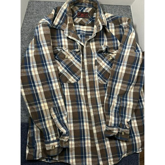 Five Brother Other - Five Brother Mens L Brown & Blue Plaid Flannel Shirt Long Sleeve Button-Up